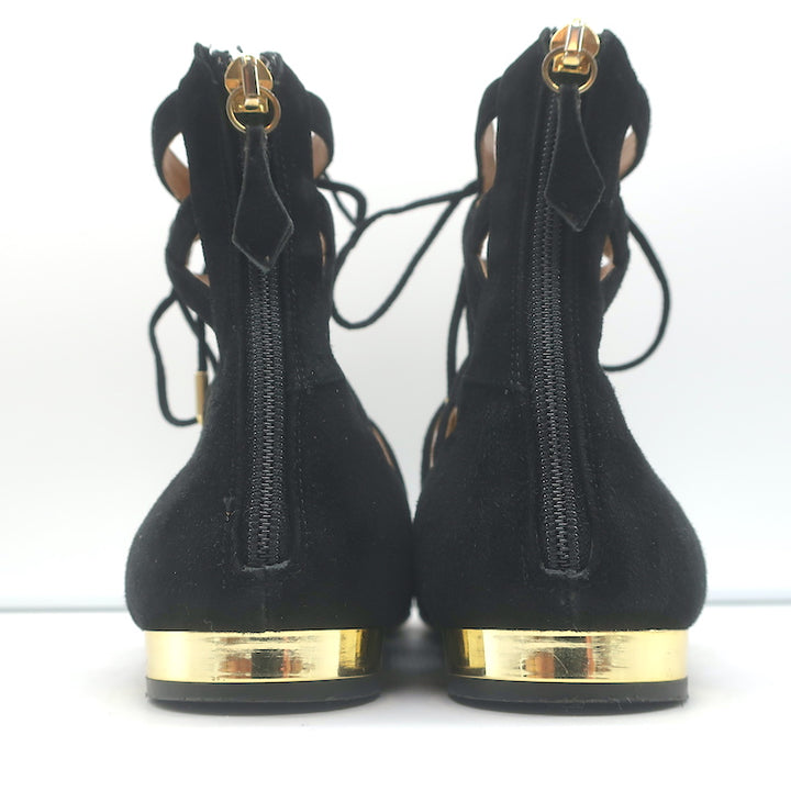 Aquazzura Belgravia Lace-Up Pointed Toe Flats Black Cutout Suede Size 40