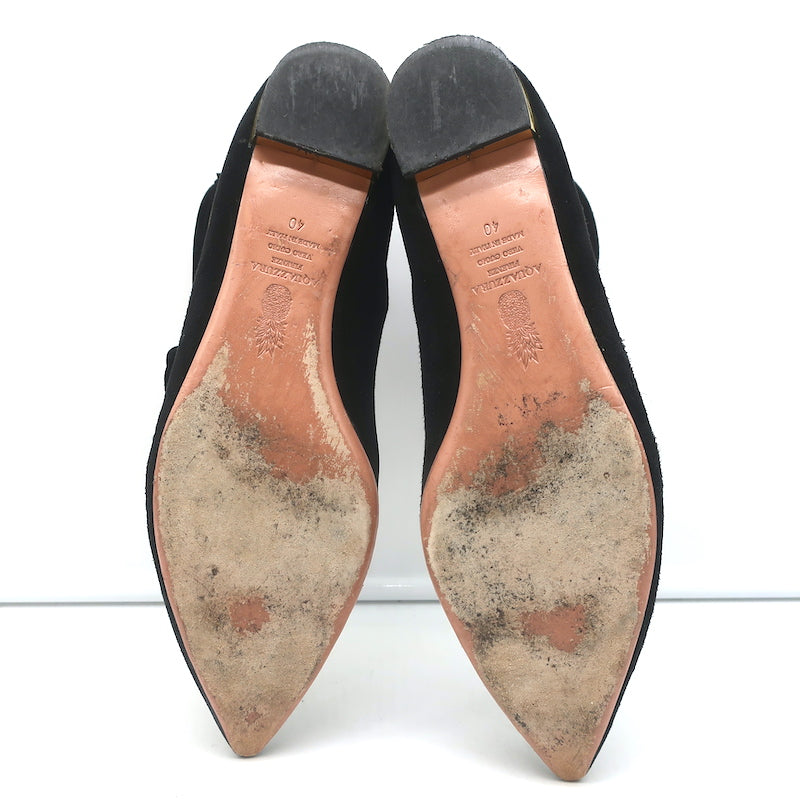 Aquazzura Belgravia Lace-Up Pointed Toe Flats Black Cutout Suede Size 40