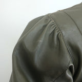Authentic pre-owned GANNI lamb leather puff-sleeve mini shirtdress in olive, EU size 36