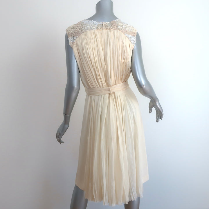 J Mendel Embellished Sleeveless Dress Ivory Pleated Silk Chiffon Size 8