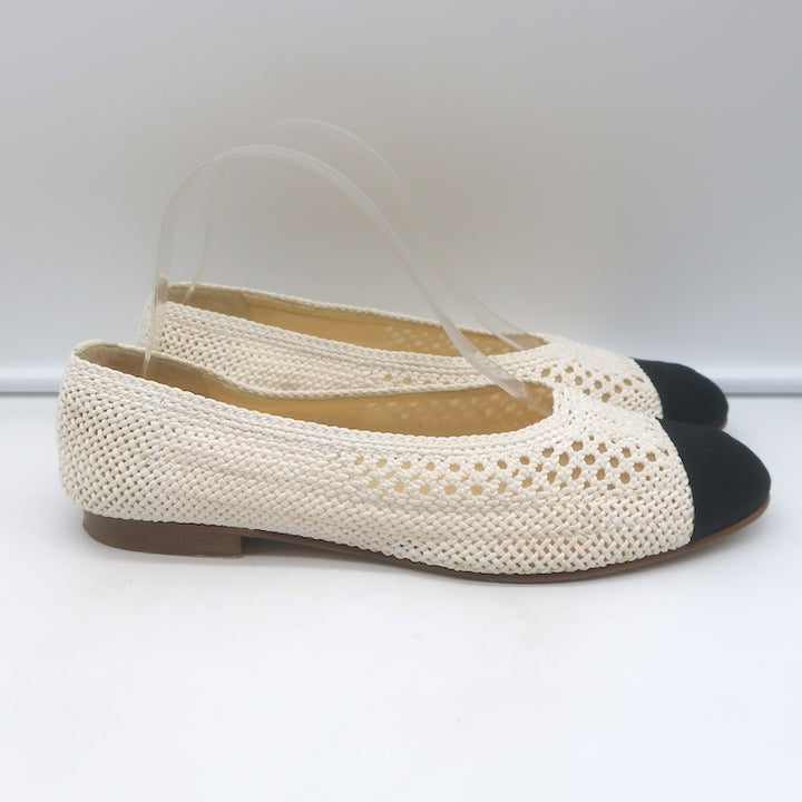 Chanel CC Cap Toe Crochet Ballet Flats Cream/Black Size 40