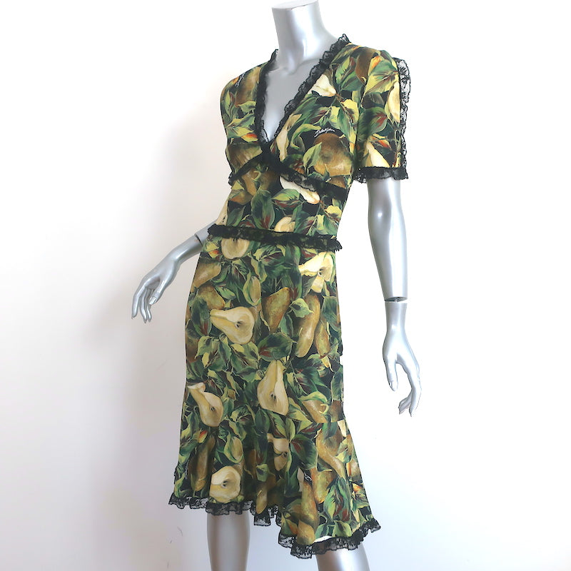 Dolce &amp; Gabbana Short Sleeve Dress Lace-Trim Pear Print Crepe Size 42