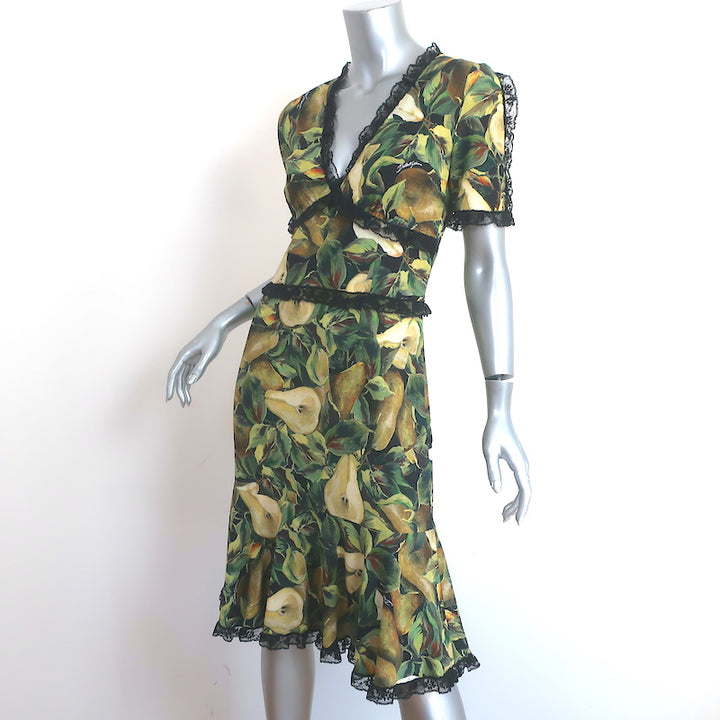 Dolce &amp; Gabbana Short Sleeve Dress Lace-Trim Pear Print Crepe Size 42