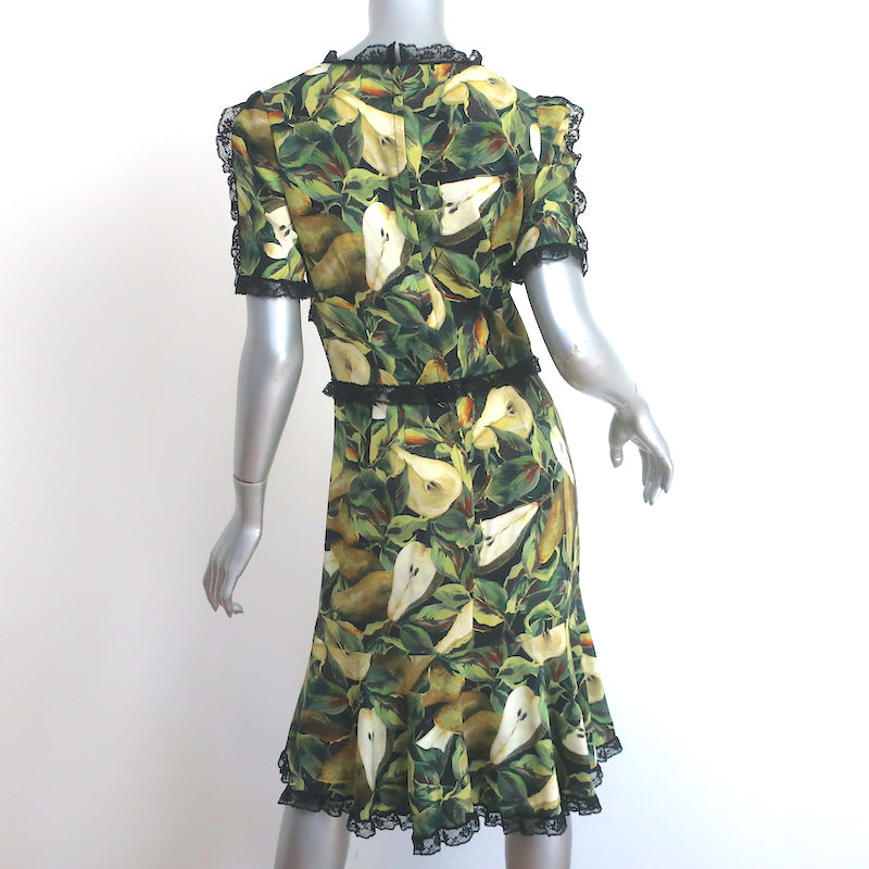 Dolce &amp; Gabbana Short Sleeve Dress Lace-Trim Pear Print Crepe Size 42