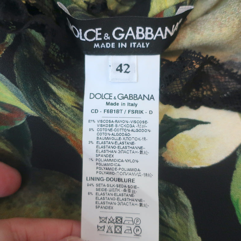 Dolce &amp; Gabbana Short Sleeve Dress Lace-Trim Pear Print Crepe Size 42