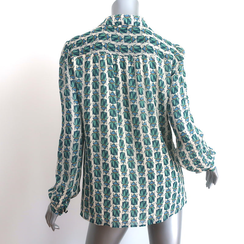 Tory Burch Blouse Kerry Scarab Print Silk Chiffon Size 8 Long Sleeve Top