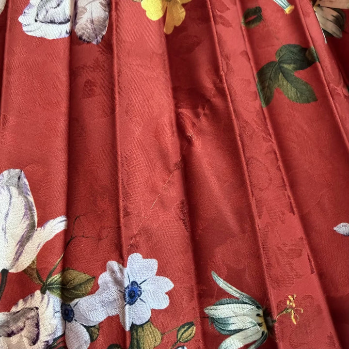 Erdem Nesrine Pleated Midi Skirt Rust Floral Print Satin Jacquard Size US 8 NEW