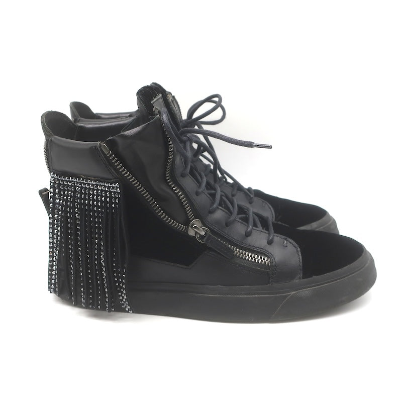 Giuseppe Zanotti Crystal Fringe High Top Sneakers Black Velvet &amp; Leather Size 43