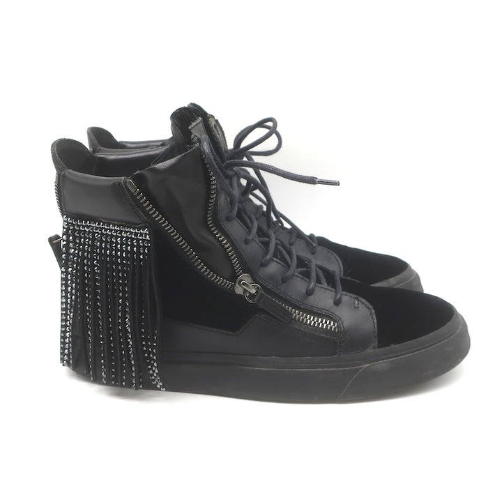 Giuseppe Zanotti Crystal Fringe High Top Sneakers Black Velvet &amp; Leather Size 43