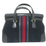 Vintage 1970s Gucci Web Stripe Doctor Bag Black Suede Medium Tote