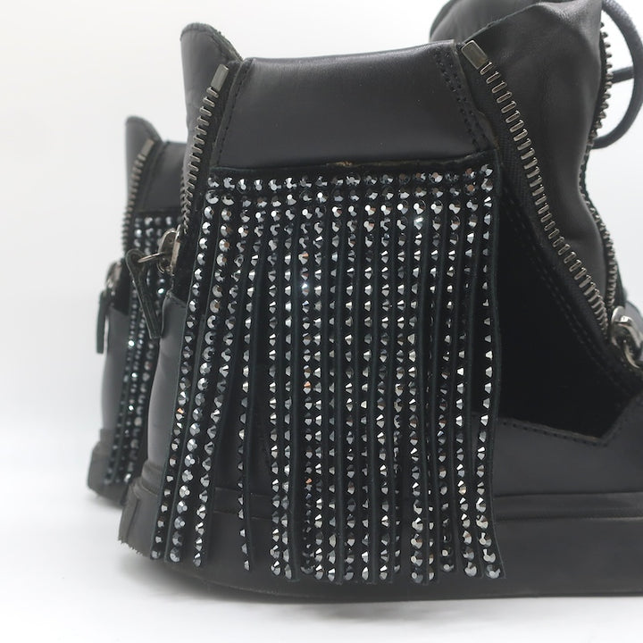 Giuseppe Zanotti Crystal Fringe High Top Sneakers Black Velvet &amp; Leather Size 43