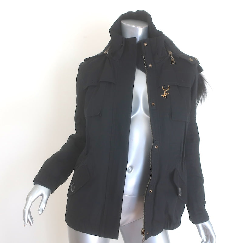 Louis Vuitton Coyote Fur-Trimmed Hooded Parka Jacket Black Cotton Size 34