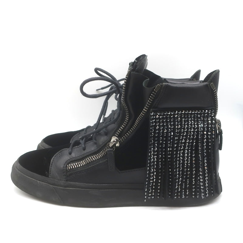 Giuseppe Zanotti Crystal Fringe High Top Sneakers Black Velvet &amp; Leather Size 43