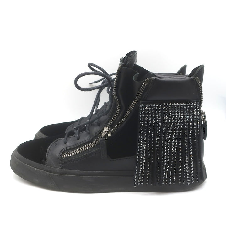 Giuseppe Zanotti Crystal Fringe High Top Sneakers Black Velvet &amp; Leather Size 43