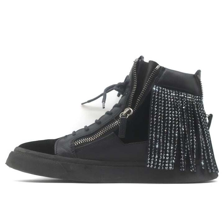 Giuseppe Zanotti Crystal Fringe High Top Sneakers Black Velvet &amp; Leather Size 43