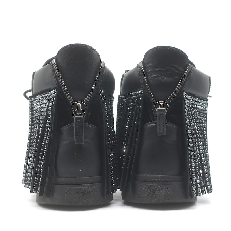 Giuseppe Zanotti Crystal Fringe High Top Sneakers Black Velvet &amp; Leather Size 43