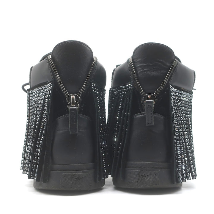 Giuseppe Zanotti Crystal Fringe High Top Sneakers Black Velvet &amp; Leather Size 43