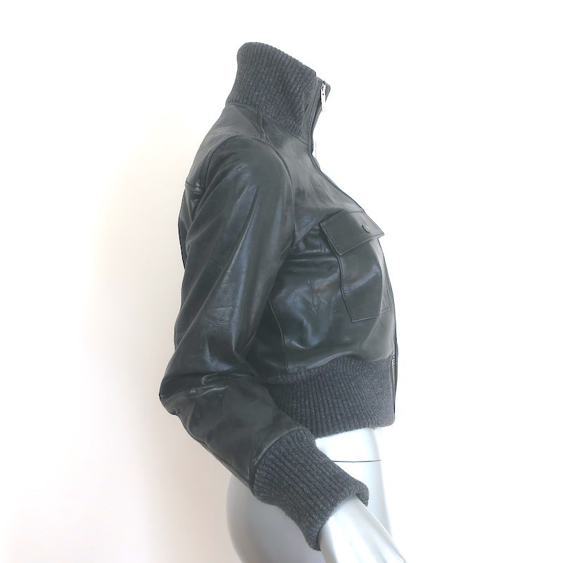 The Kooples Cropped Leather Bomber Jacket Anthracite Size 0
