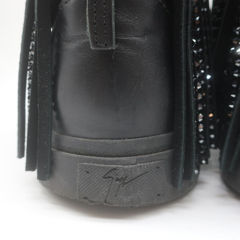 Giuseppe Zanotti Crystal Fringe High Top Sneakers Black Velvet &amp; Leather Size 43