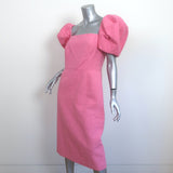 Carolina Herrera Puff Sleeve Midi Dress Pink Cotton-Linen Boucle Size 10