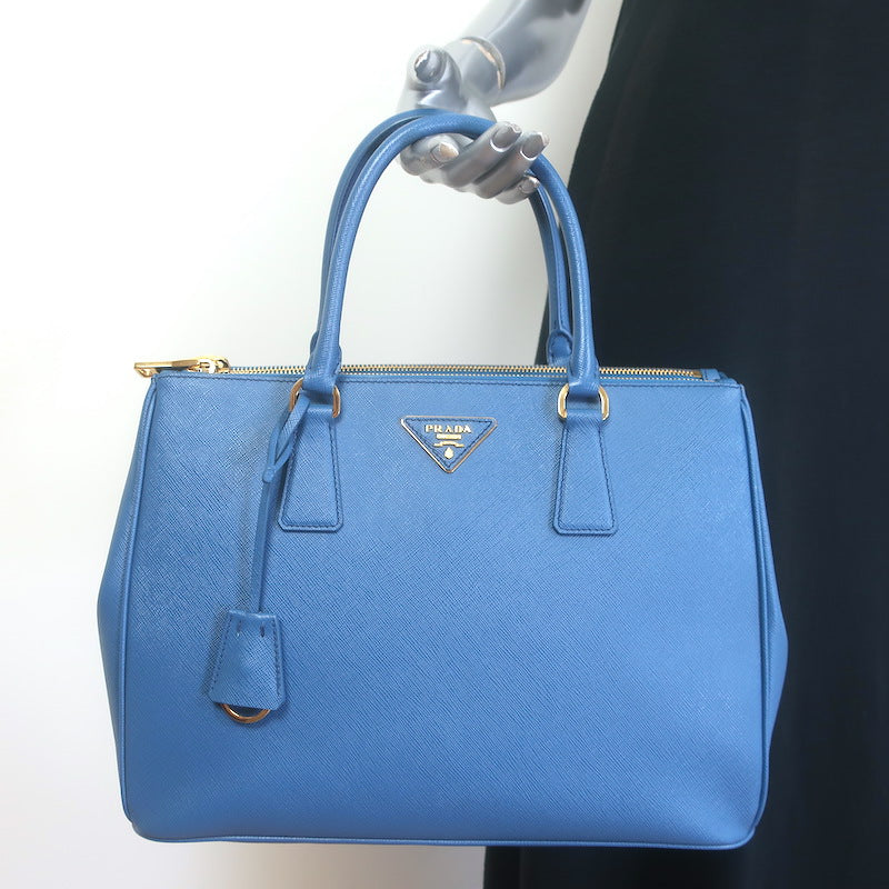 Prada Galleria Double Zip Medium Tote Blue Saffiano Lux Leather Crossbody Bag