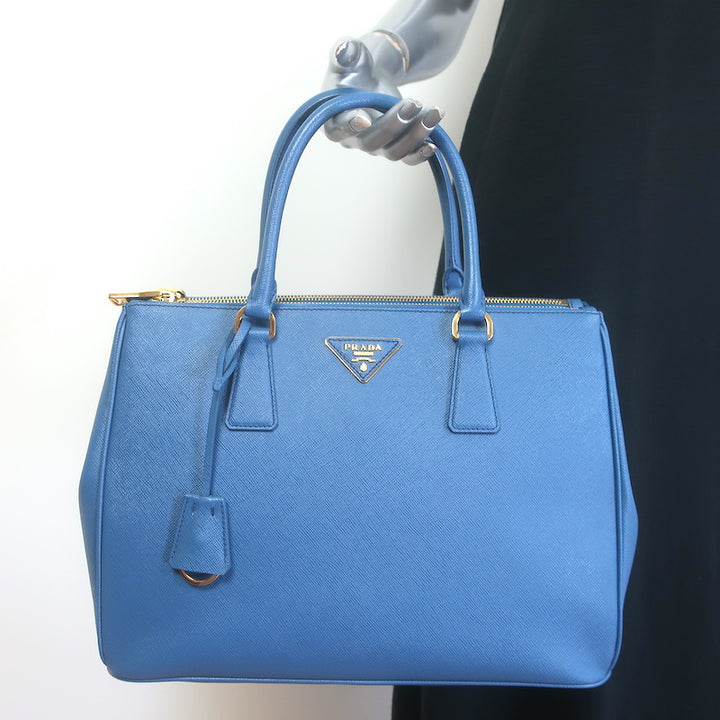 Prada Galleria Double Zip Medium Tote Blue Saffiano Lux Leather Crossbody Bag