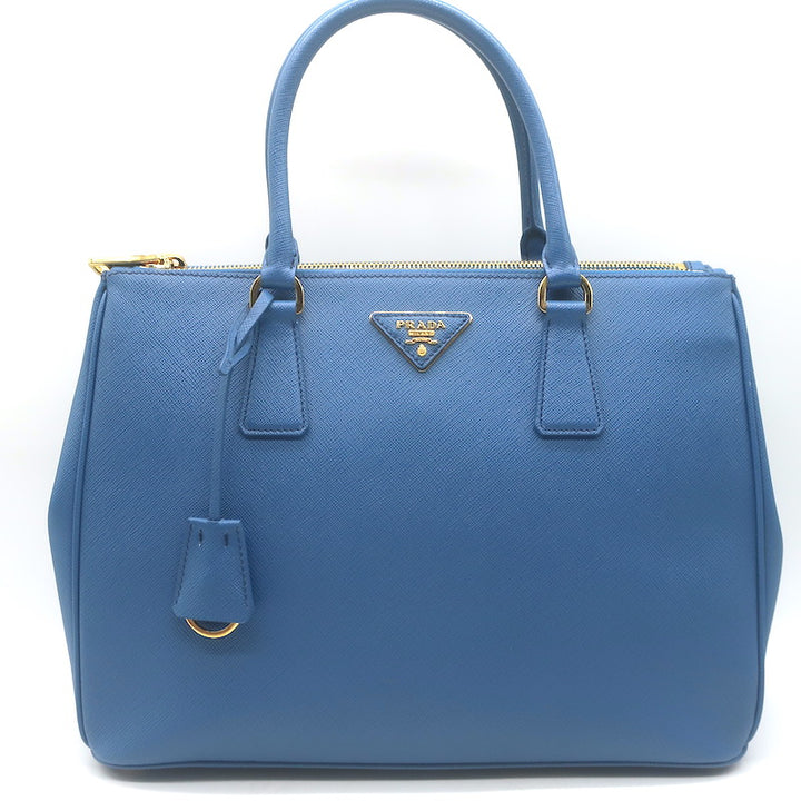 Prada Galleria Double Zip Medium Tote Blue Saffiano Lux Leather Crossbody Bag