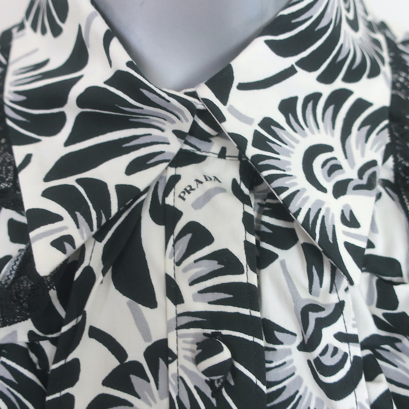 Prada Shirtdress White/Black Lace-Trim Printed Cotton Size 40 Long Sleeve Dress