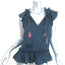 MISA Fleur Pom Pom Top Navy Ruffled Satin Size Small Sleeveless Top