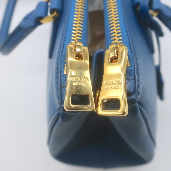 Prada Galleria Double Zip Medium Tote Blue Saffiano Lux Leather Crossbody Bag