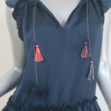 MISA Fleur Pom Pom Top Navy Ruffled Satin Size Small Sleeveless Top