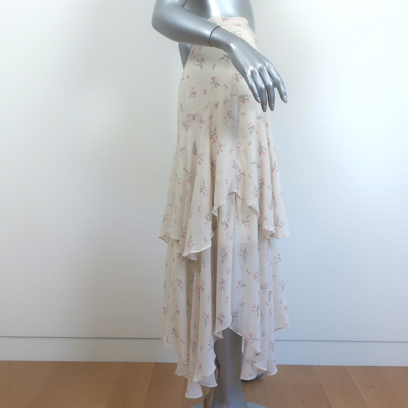 LoveShackFancy Tiered Midi Skirt Alex Ivory Floral Print Silk Size Extra Small