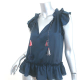 MISA Fleur Pom Pom Top Navy Ruffled Satin Size Small Sleeveless Top