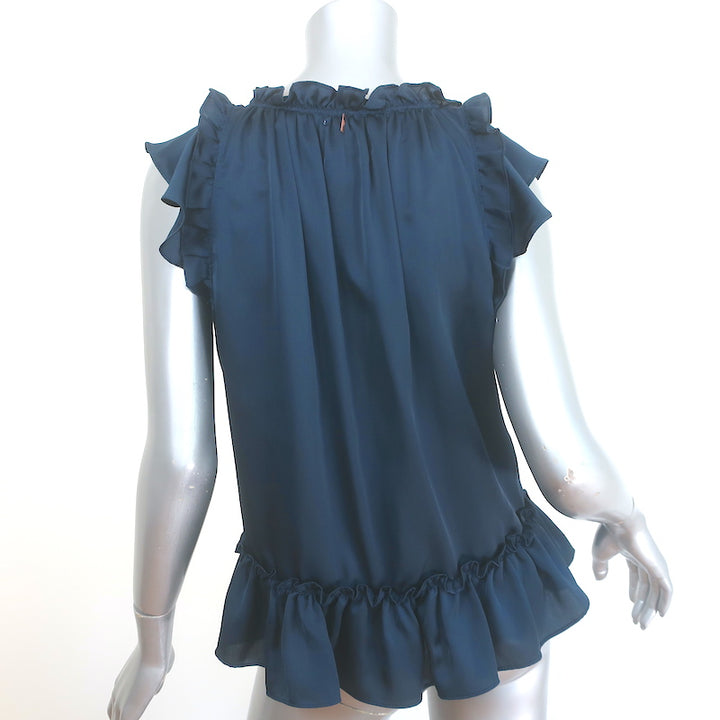 MISA Fleur Pom Pom Top Navy Ruffled Satin Size Small Sleeveless Top