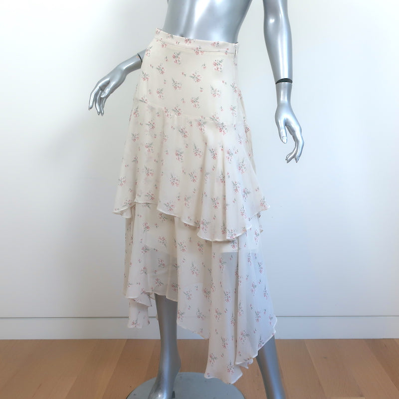 LoveShackFancy Tiered Midi Skirt Alex Ivory Floral Print Silk Size Extra Small