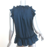 MISA Fleur Pom Pom Top Navy Ruffled Satin Size Small Sleeveless Top
