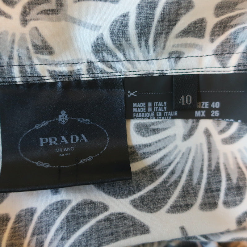 Prada Shirtdress White/Black Lace-Trim Printed Cotton Size 40 Long Sleeve Dress
