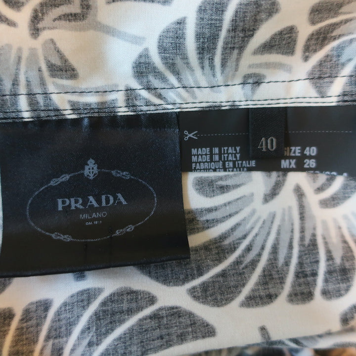 Prada Shirtdress White/Black Lace-Trim Printed Cotton Size 40 Long Sleeve Dress