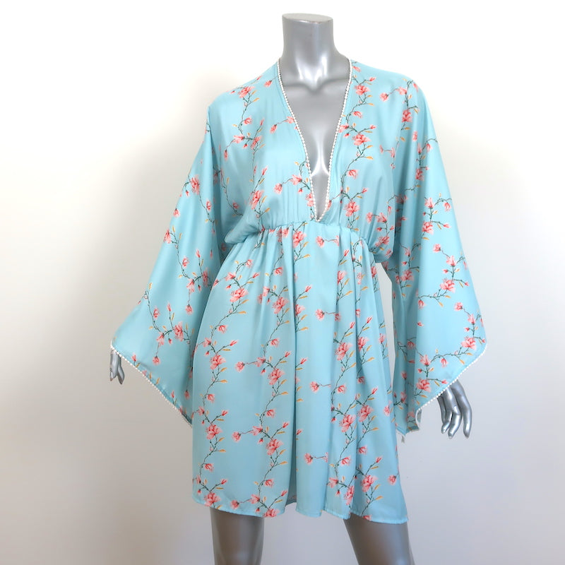 Celia Dragouni Short Kimono Dress Light Blue Floral Print Satin