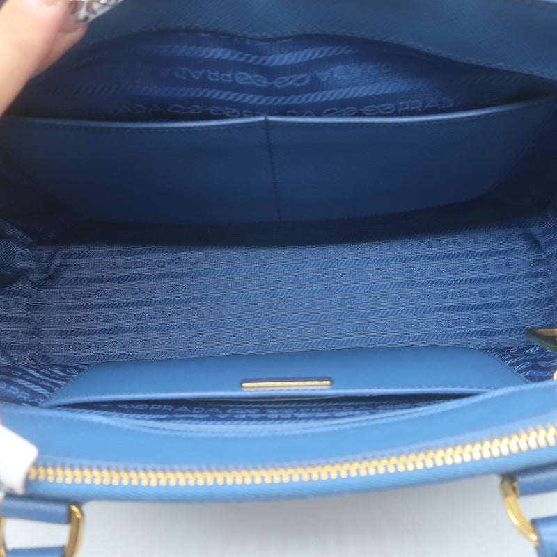 Prada Galleria Double Zip Medium Tote Blue Saffiano Lux Leather Crossbody Bag