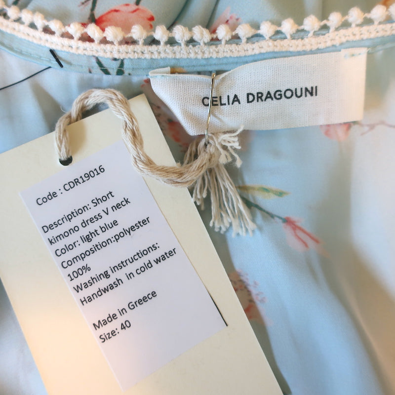 Celia Dragouni Short Kimono Dress Light Blue Floral Print Satin Size 40 NEW