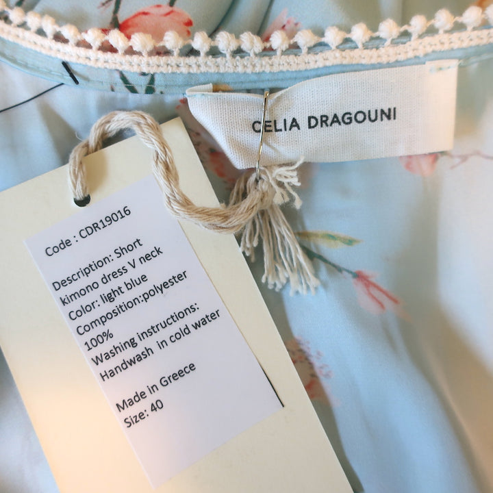 Celia Dragouni Short Kimono Dress Light Blue Floral Print Satin Size 40 NEW