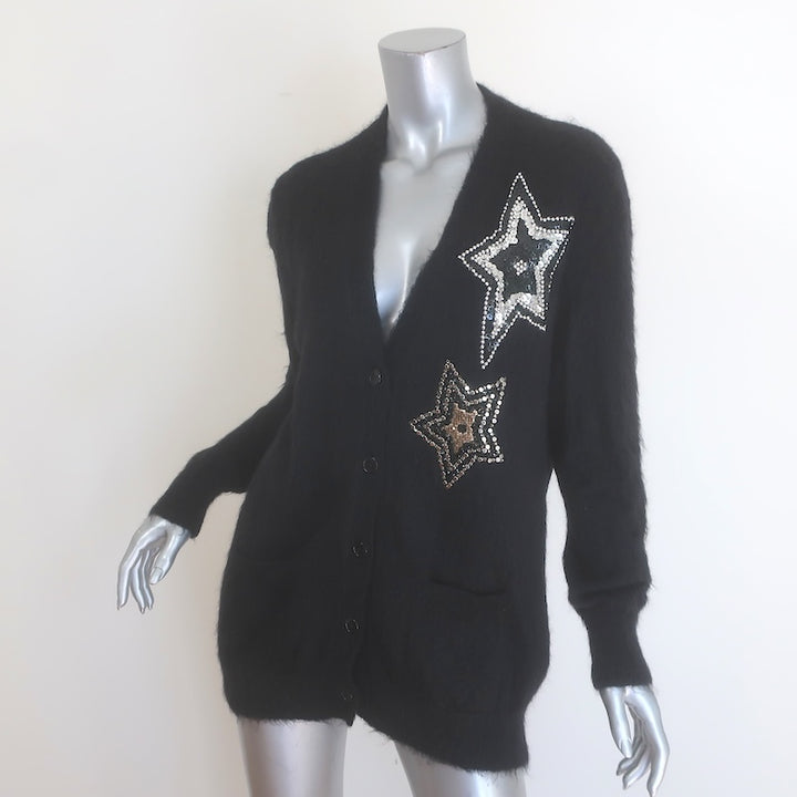 Saint Laurent Crystal Star Fuzzy Knit Cardigan Black Mohair Size Extra Small