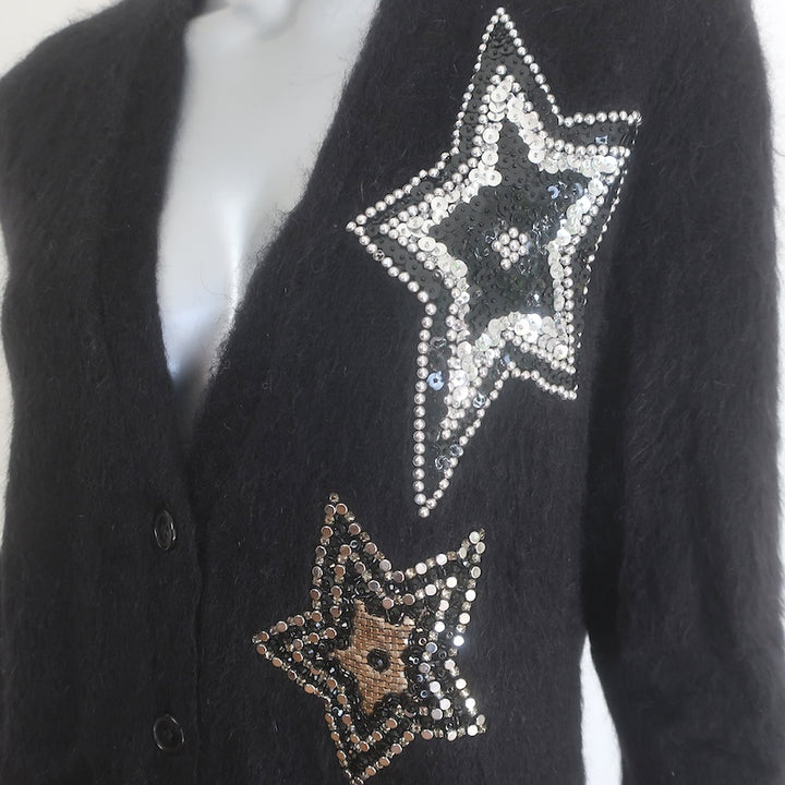 Saint Laurent Crystal Star Fuzzy Knit Cardigan Black Mohair Size Extra Small