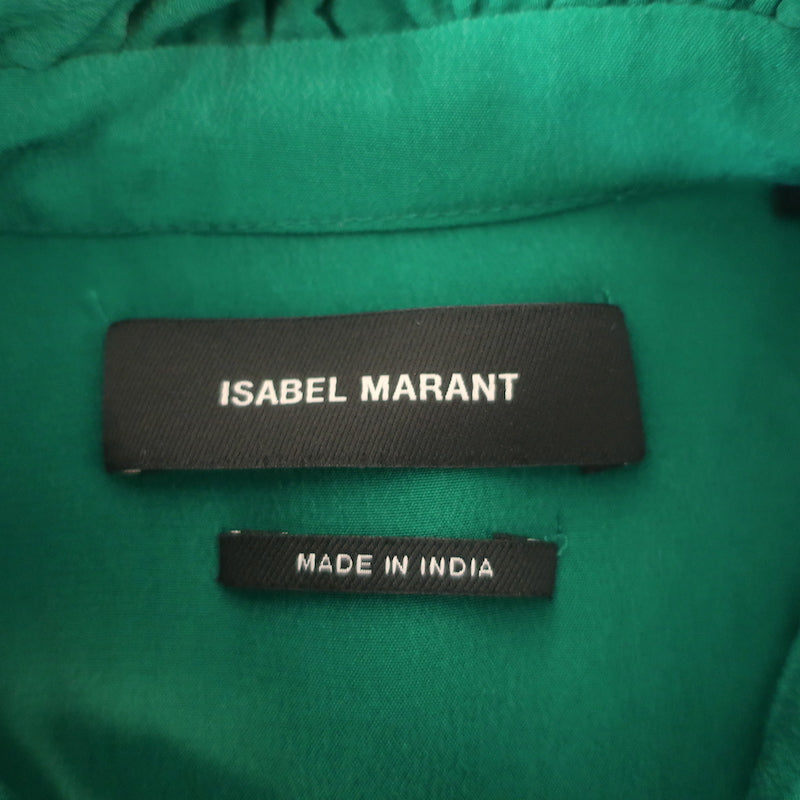 Isabel Marant Lamia Ruffle Neck Shirt Green Silk Size 34 Long Sleeve Blouse