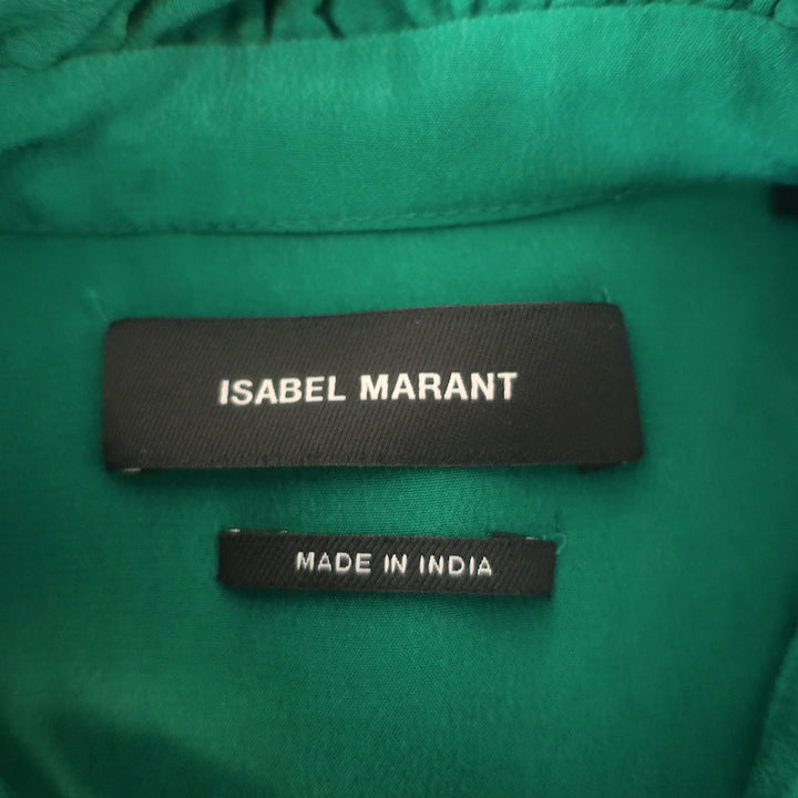 Isabel Marant Lamia Ruffle Neck Shirt Green Silk Size 34 Long Sleeve Blouse