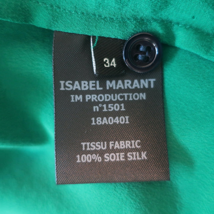 Isabel Marant Lamia Ruffle Neck Shirt Green Silk Size 34 Long Sleeve Blouse