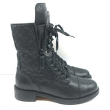 Chanel CC Quilted Combat Boots Black Leather Size 37.5