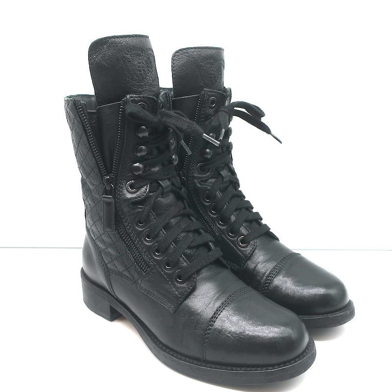 Chanel CC Quilted Combat Boots Black Leather Size 37.5