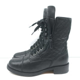 Chanel CC Quilted Combat Boots Black Leather Size 37.5